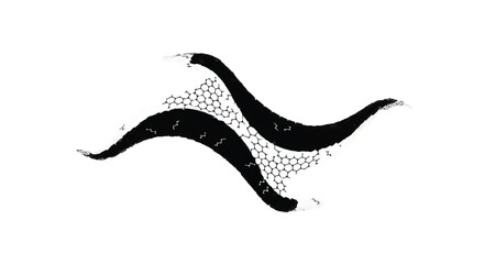 Obraz premium Abstract flowing black shapes intertwine with hexagonal pattern on white background
