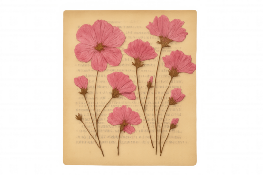 Pink pressed flowers on old book page with text, dried botanical cosmos herbarium element, transparent background