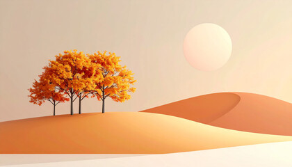Horizontal Minimalist Autumn Abstract Landscape: Orange Trees, Sand Dunes, and Negative Space in Pastel Tones 