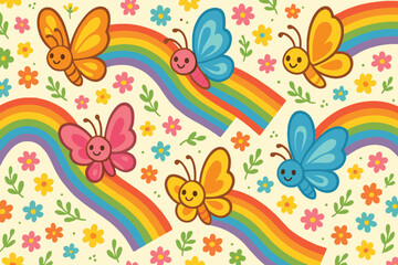 Cute cartoon butterflies and rainbows with flowers on a creamy background