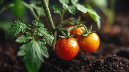Cherry tomato plant with fresh fruit in dark soil