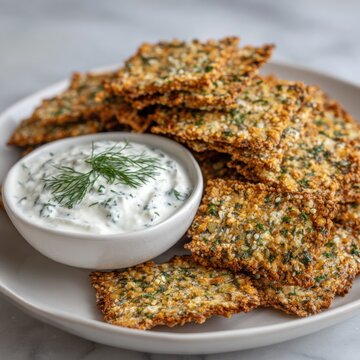 Crispy herb crackers with creamy dill dip on plate