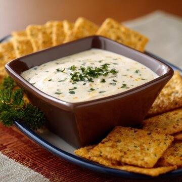 Savory cheese herb dip with crackers and parsley garnish