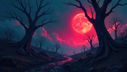 Fototapeta premium Twisted Trees and Foreboding Sky A Surreal Dark Landscape Evoking Dread and Unease, Perfect for Horror, Fantasy, and Psychological Thriller Projects