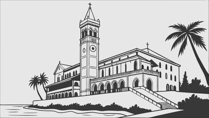 Fototapeta premium Coastal Church Building Illustration Black and White Line Art Tropical Architecture Religious Design Ocean View Palm Trees Vintage Style Architectural Drawing.