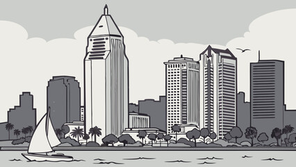 Coastal City Skyline Illustration Waterfront View with Sailboat and Palm Trees Urban Landscape Drawing Monochrome Cityscape Art Grey Scale City Design.