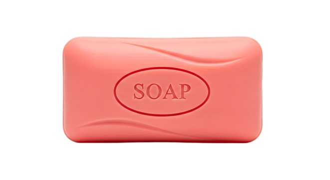A single bar of pink soap with the word soap embossed on it