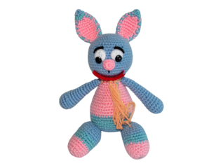 cute handmade crochet monster rabbit toy, colorful yarn, isolated on transparent background, png