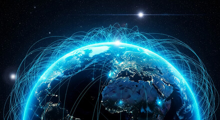 Global network over Earth, showing digital connections. Represents global communication, technology, connection, and digital infrastructure, worldwide reach