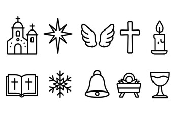 Fototapeta premium Christian, christmas line icon set. nativity, holiday symbols outline collection.