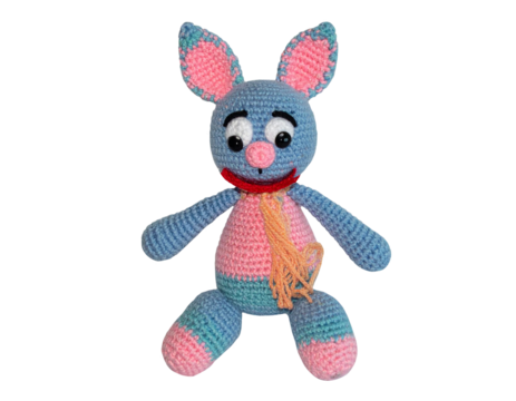 cute handmade crochet monster rabbit toy, colorful yarn, isolated on transparent background, png
