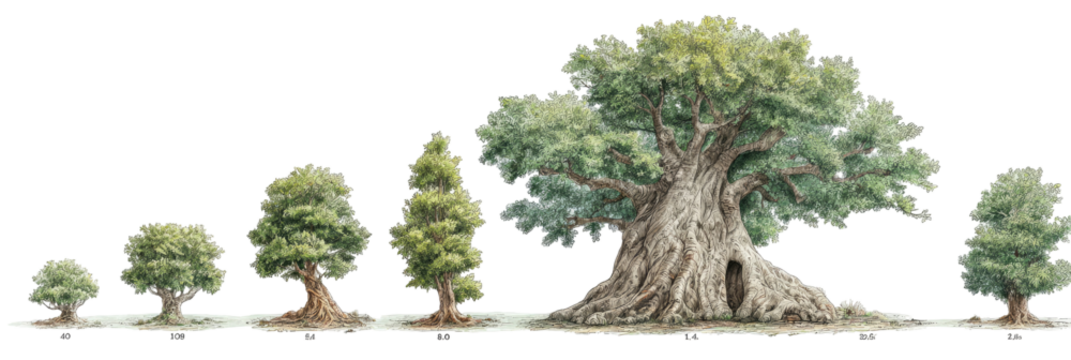 Series of olive trees, different sizes, illustrating growth