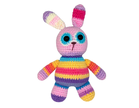 cute handmade crochet monster rabbit toy, colorful yarn, isolated on transparent background, png