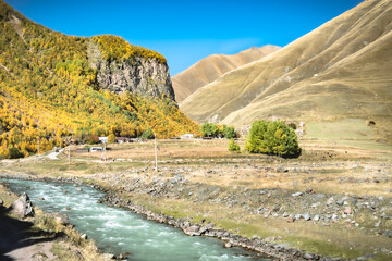 Colorful autumn valley with a fast-flowing river near Truso Gorge in Georgia. Golden foliage, dramatic cliffs, and rural life surrounded by majestic Caucasus mountains