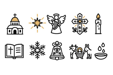 Naklejka premium Christmas, holiday line icon set. festive, religious symbols in outline design