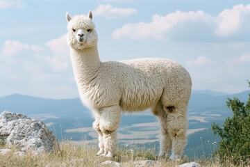 Naklejka premium White alpaca standing on grassy hill creating pastoral scene. Animal portrait on natural background with mountain vista. Furry mammal.