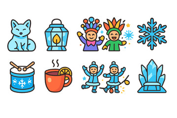 Fototapeta premium Winter festival filled icon set. seasonal, festival, celebration icons filled collection