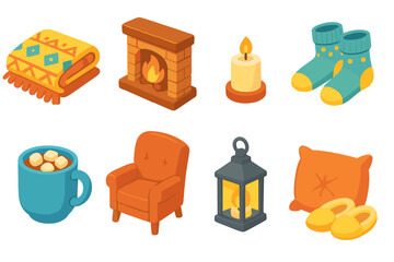Cozy hygge 3d icon set. warmth, comfort, relaxation symbols 3d design collection.