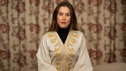 Woman in Embroidered White Garment with Black Turtleneck Standing Indoors: Elegant Cultural Fashion Scene with Floral Curtain Backdrop