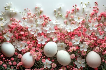 Fototapeta premium White Easter Eggs Surrounded By Spring Blossoms