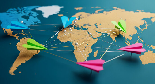 Close-up of paper planes connected by string and pin on a world map, representing global connection, networking, and international business - Powered by Adobe