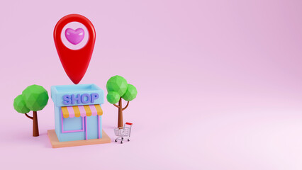 3D rendering of red location pin over a minimal shop store on pastel background
