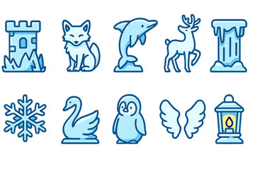 Naklejka premium Winter and arctic line icon set featuring animals and nature in a crisp outline style