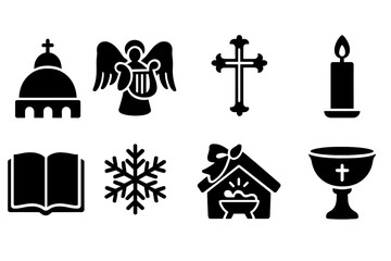 Fototapeta premium Christian symbols solid icon set. religious artifacts and traditions illustrations.