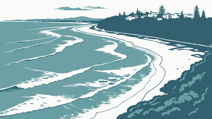 Coastal scene ocean waves beach seaside village tranquil landscape summer vacation travel poster nature illustration artistic design blue green palette stylized artwork curved shorelin.