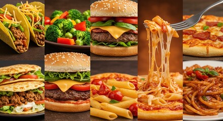 A vibrant and mouth-watering collage showcasing a diverse selection of popular comfort foods like classic burgers, savory tacos, cheesy pizzas, and delectable pasta dishes