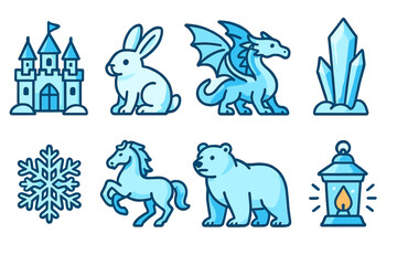 Obraz premium Fantasy and nature flat icon set: castle, dragon, lantern, crystal, animal symbols