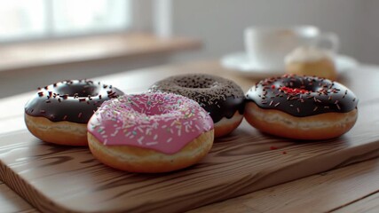 A tray filled with various types of frosted and sprinkled doughnuts - Powered by Adobe