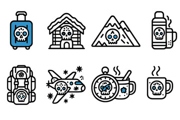 Fototapeta premium Travel and adventure icon set. camping, hiking icons in outline style.