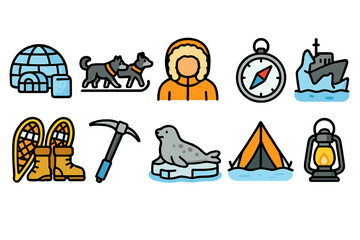Arctic adventure icon set for exploration. travel, camping, wildlife outline icons.
