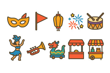 Fototapeta premium Festival celebration flat icon set. carnival, parade, and celebration icons collection