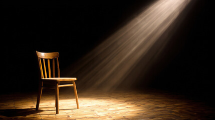 actor. An empty theater stage with a single wooden chair under a solitary spotlight. event programs, museum guides, designed for cultural heritage projects and event programs, preserves heritage.
