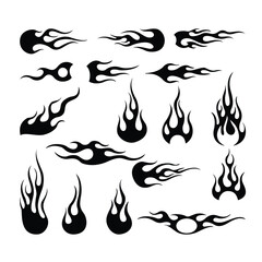 Collection of stylized black flame graphics and tribal fire designs for automotive and tattoo art
