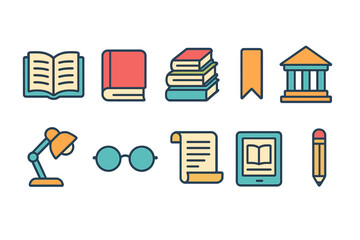 Education and reading flat icon set. library, knowledge, study tools collection