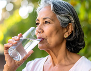 Elderly woman drinking fresh water outdoors for healthy lifestyle