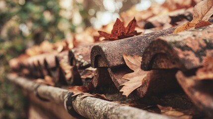 Naklejka premium Close-up of old terracotta roof tiles covered with dry autumn leaves, showing rustic seasonal texture and warm natural tones, ideal for countryside architecture, background, vintage design concepts