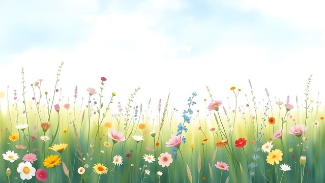 A lively meadow bursts with color—pink, yellow, red, blue, and white wildflowers sway beneath a bright, partly cloudy sky. The scene radiates springtime joy and natural harmony.