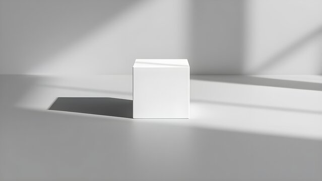 A single white cube rests on a smooth, light gray surface, casting a crisp shadow to the left. The minimalist scene plays with light and geometry, evoking calm and architectural elegance.
