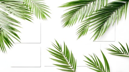 Fototapeta premium White rectangular cards rest on a pristine background, encircled by vibrant green palm leaves arranged in a breezy, sun-kissed layout.