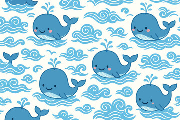 Cute kawaii blue whales swimming in stylized ocean waves seamless pattern