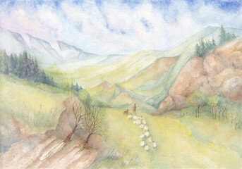 Summer Day In The Mountains landscape a shepherd with a dog leads a flock of sheep to graze watercolor painting