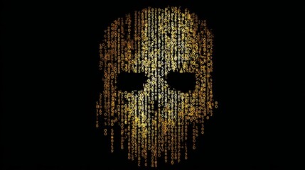 Skull shape composed of glowing binary numbers on a dark digital background, symbolizing cyber attack, hacking, and cybersecurity threats in modern technology and data protection concepts
