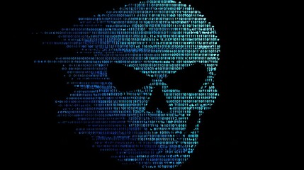Skull shape composed of glowing binary numbers on a dark digital background, symbolizing cyber attack, hacking, and cybersecurity threats in modern technology and data protection concepts