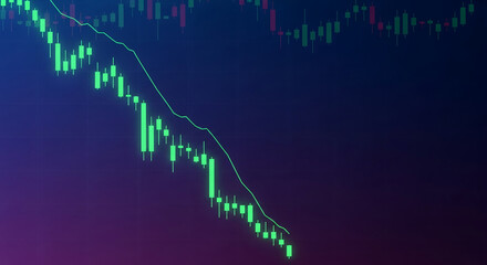 Stock market chart with falling candlestick and line indicator, representing financial decline and economic downturn, against dark gradient background