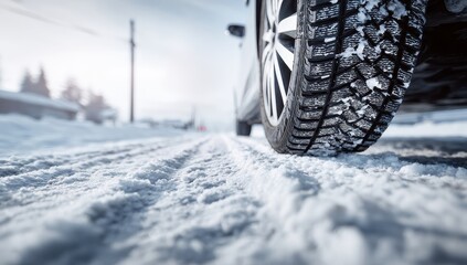 High quality photo of a car tire driving on a snowy road in winter