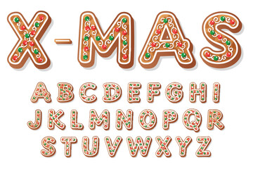 Complete uppercase alphabet as delicious gingerbread cookies. Decorated with festive white icing swirls and red green sprinkles. Perfect for Christmas cards and sweet seasonal designs. © GraphixTreasure